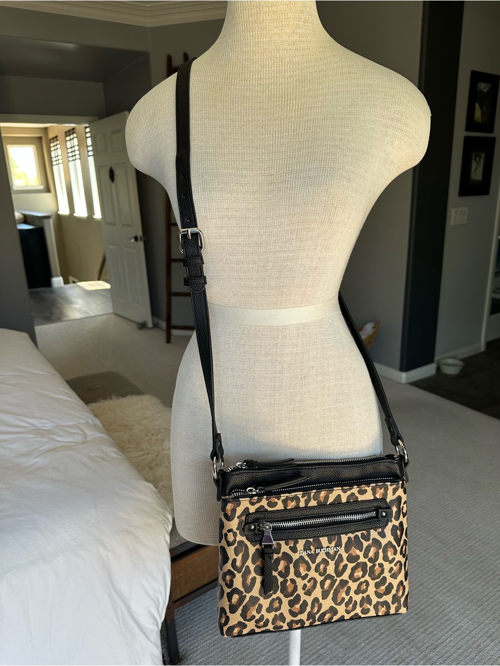 Dana Buchman Leopard Print Crossbody Bag with Black Trim